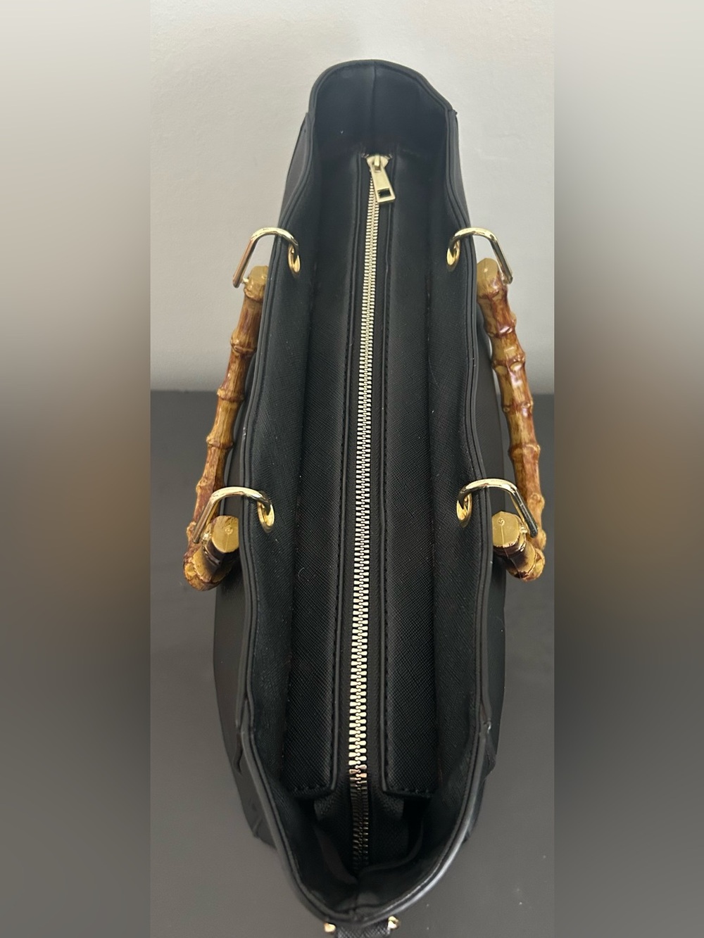 Vera New York Black Bamboo Handle Tote Crossbody Bag Gold Hardware Work Purse - Picture 9 of 14